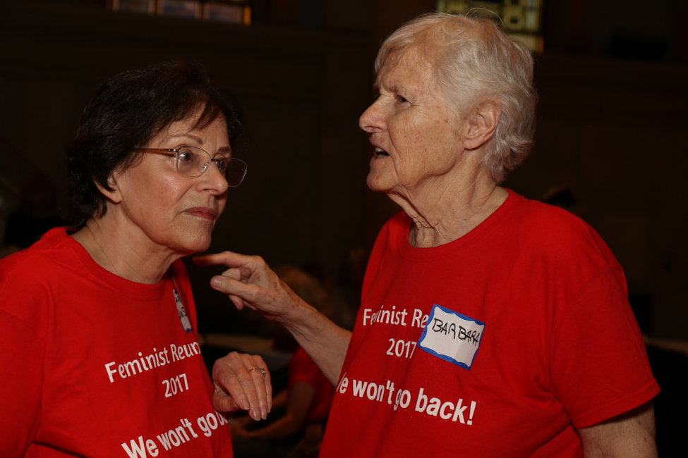 Carole DeSaram, left, and Barbara Love at the reunion of second-wave feminists at Judson. Photos by Tequila Minsky